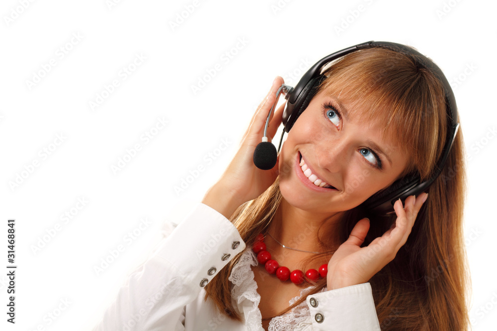 Fototapeta premium Support phone operator in headset looking up corner isolated on