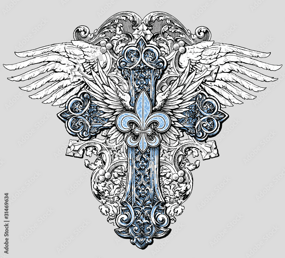 Fleur de lis Cross with Wings Stock Vector | Adobe Stock