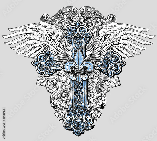 Fleur de lis Cross with Wings