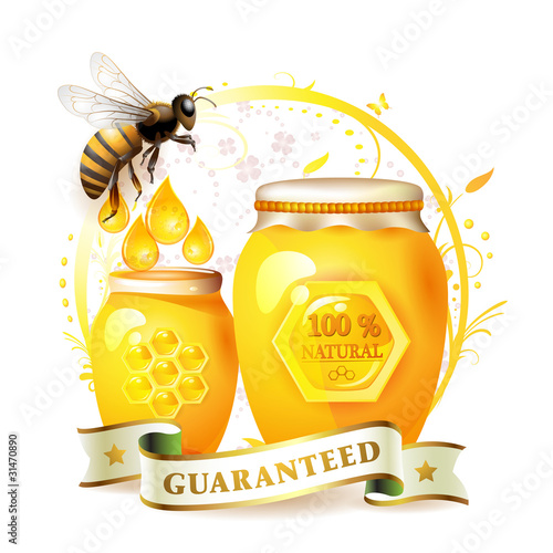 Glass jar with honey and bee over floral background