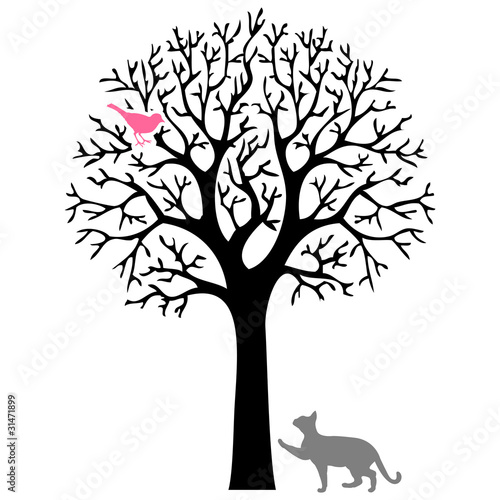 Cat trying to catch a bird on a tree