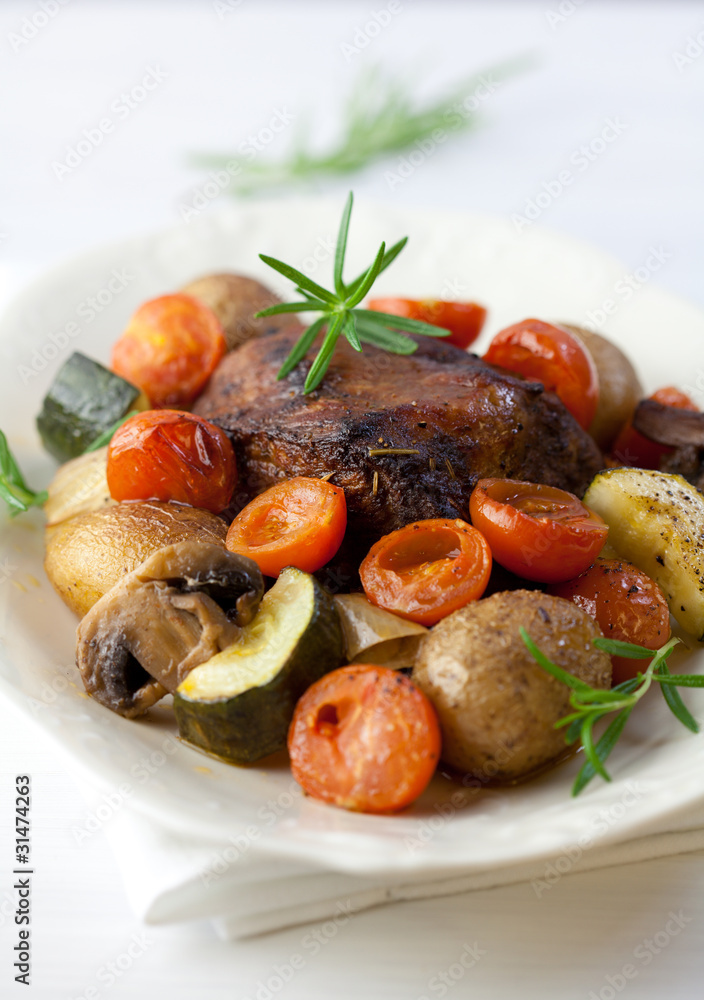 Roast pork with baked vegetables and mushrooms Roast pork with baked vegetables and mushrooms