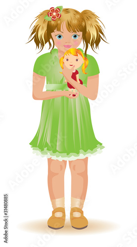 Little girl with red haired dolly, vector illustration