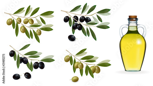 Big set with green and black olives and bottle of olive oil.