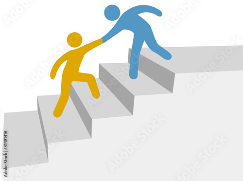 Progress collaboration help friend climb up improvement steps