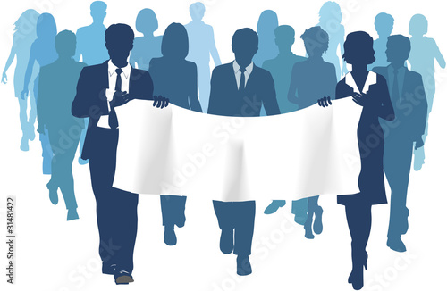 Business people carry banner copy space forward