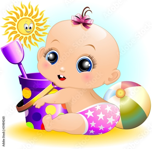 Bambina Neonata Al Mare-Baby Girl at the Beach-Vector