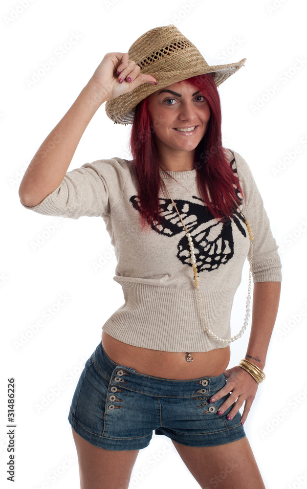 Cute young woman in straw hat isolated Cute young woman in straw hat isolated