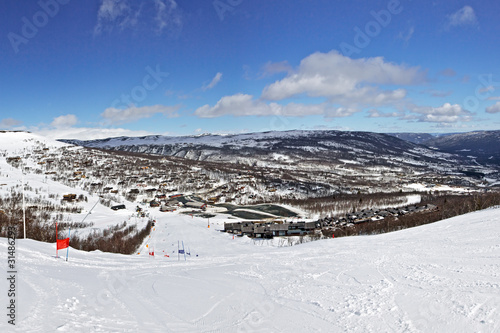 Panoramic view of ski route in bright winter day
