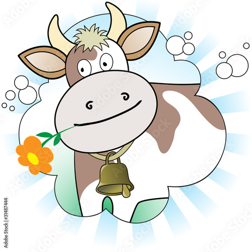cow with an orange flower in radiant white and blue background
