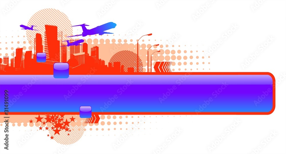Urban glossy frame, cityscape & airplanes silhouette