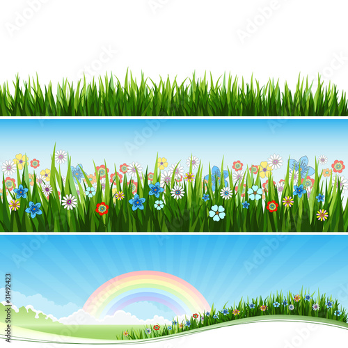 Thre Spring banners with grass, flowers and sun.