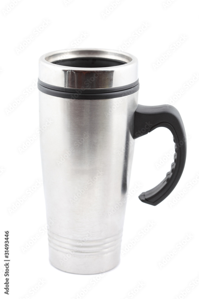 Big steel cup with lid and handle isolated on white Big steel cup with lid and handle isolated on white