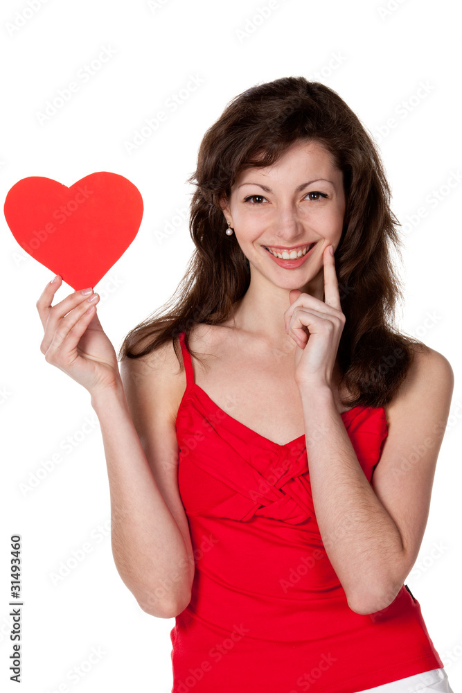 Young female holding heart shape isolated on white background Young female holding heart shape isolated on white background