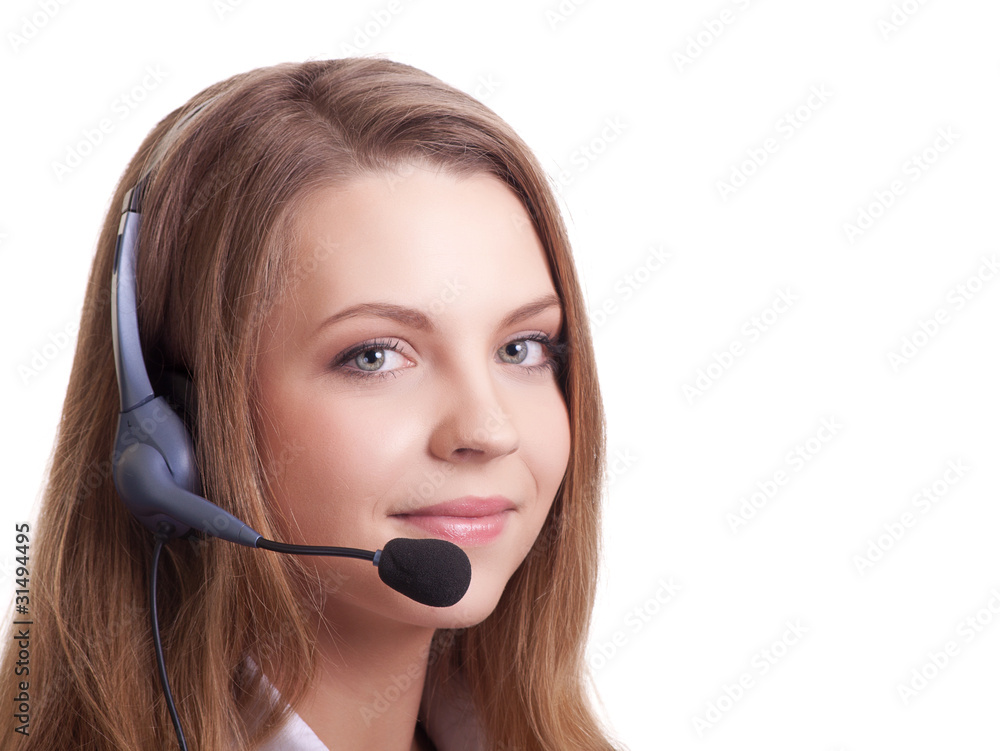 Beautiful young laughing cheerful woman with headphones with mic Beautiful young laughing cheerful woman with headphones with mic