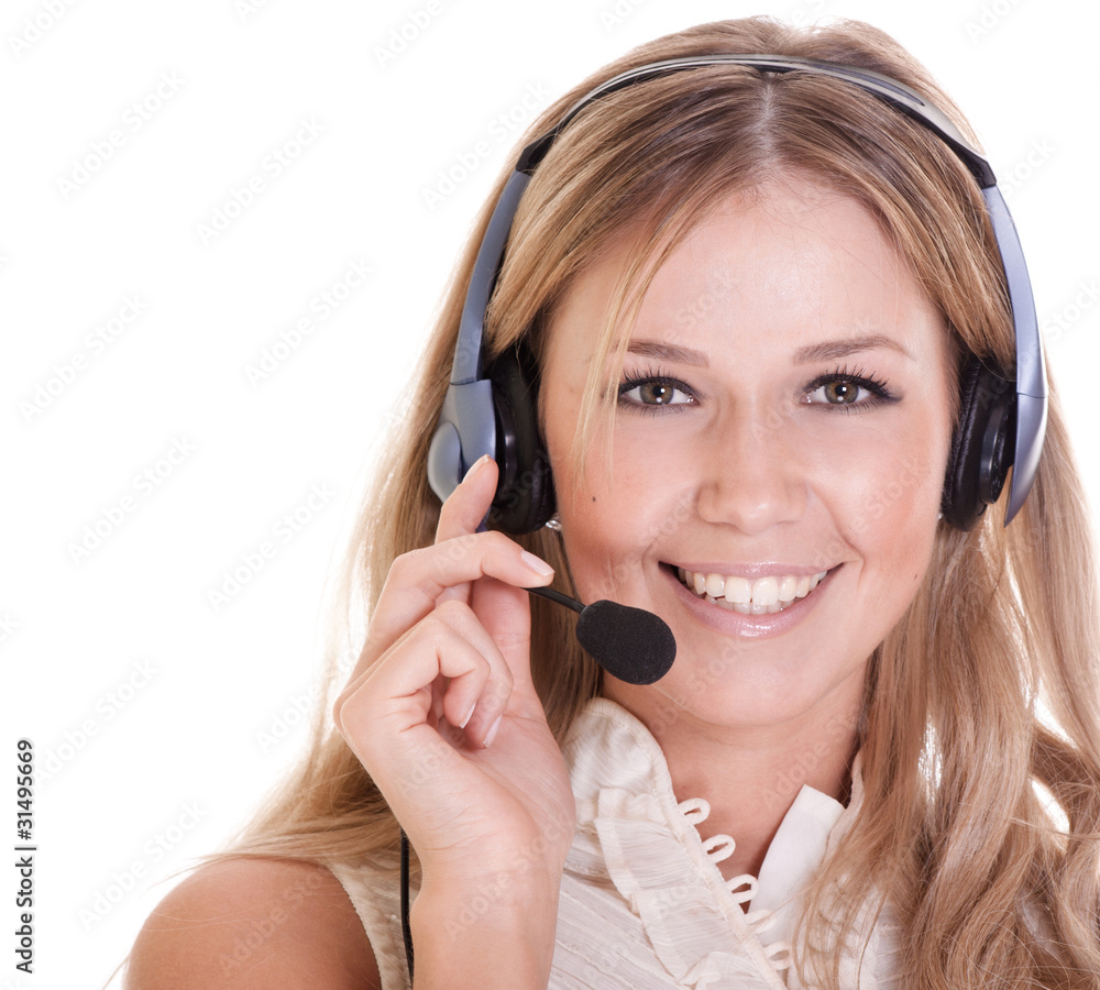 Beautiful young laughing cheerful woman with headphones with mic Beautiful young laughing cheerful woman with headphones with mic