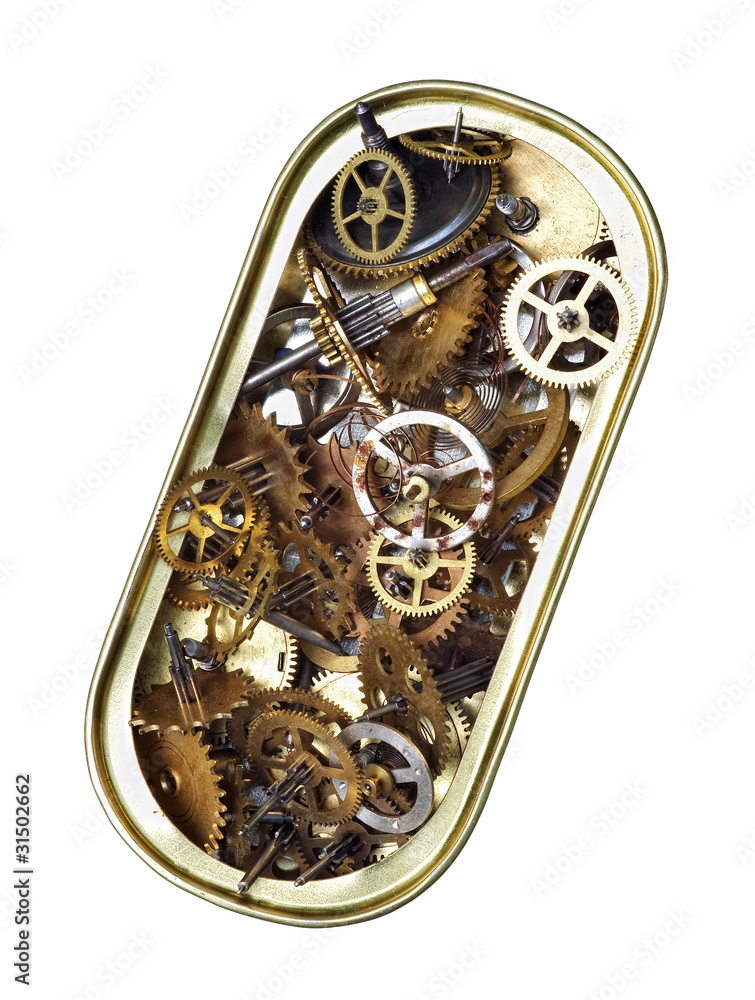 canned time - parts of clockwork mechanism in the can canned time - parts of clockwork mechanism in the can