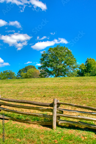 Green Field With Clear Blue Sky and Wooden Fence