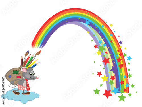 Mouse with bag of pencils and rainbow