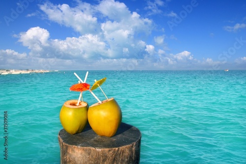 fresh two coconuts juice water straws in caribbean