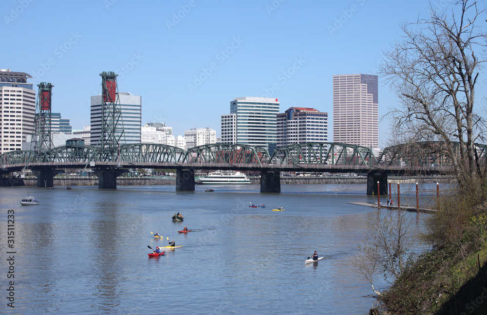 Kayaks & Portland OR., skyline.