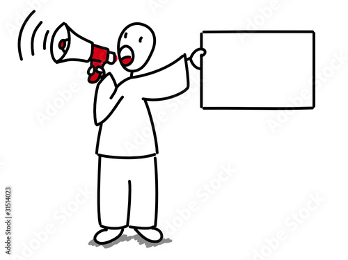 Homme avec mégaphone tenant une pancarte