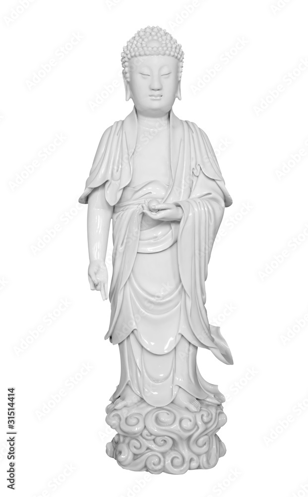 Ancient porcelain figure of an asian buddha isolated on white wi - obrazy, fototapety, plakaty 