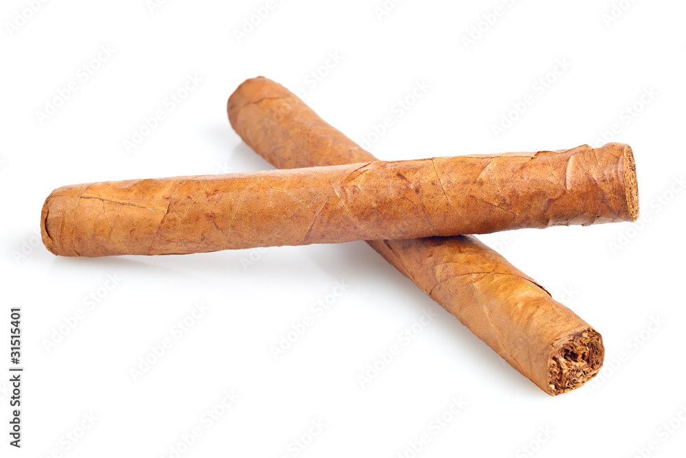 Two cuban cigars on a white background Two cuban cigars on a white background