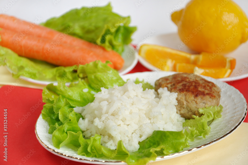 Home cooking, cutlet with rice and vegetables Home cooking, cutlet with rice and vegetables