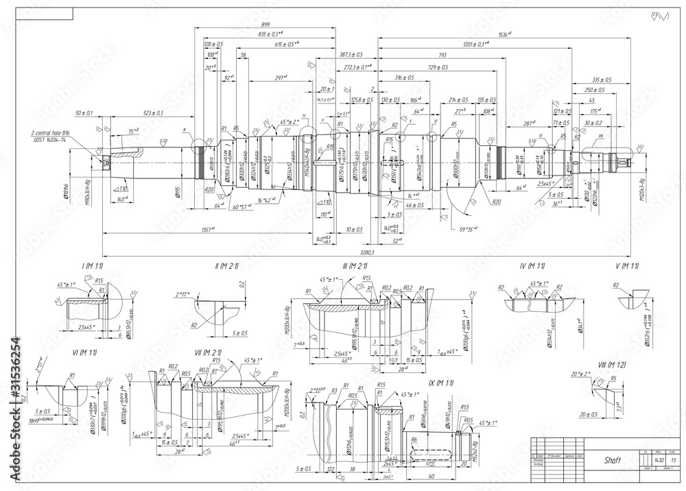 Engineering drawings of the shaft. Vector illustration Stock