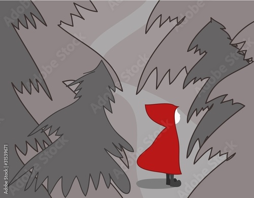 Girl in red riding hood in forest