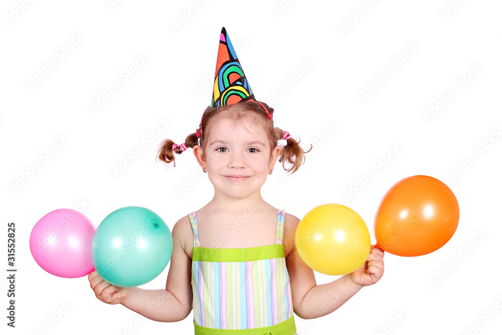 little girl with birthday hat and balloons little girl with birthday hat and balloons