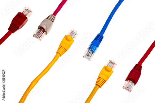 Colorful twisted pair patchcords isolated over white background.