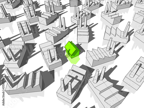 green ecological house surrounded by many factories