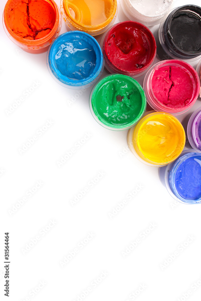Colorful vibrant cans of gouache isolated on white Colorful vibrant cans of gouache isolated on white