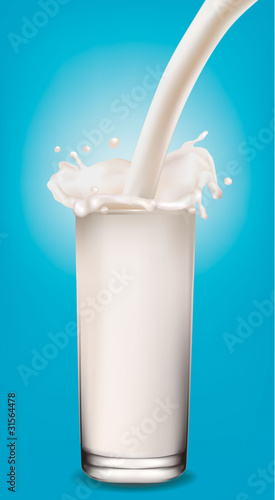 Pouring milk in a glass on blue background. Vector