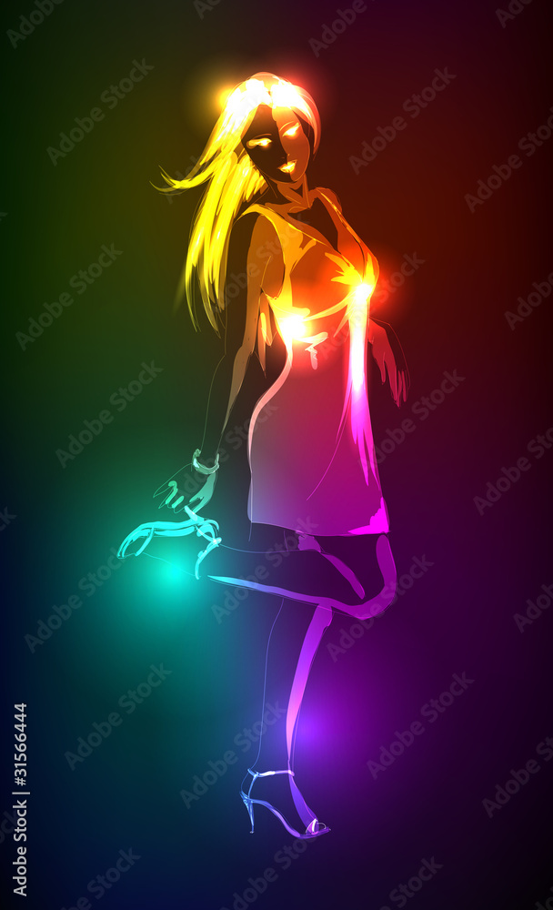 Hand-drawn fashion model from a neon. Vector illustration. A lig Hand-drawn fashion model from a neon. Vector illustration. A lig