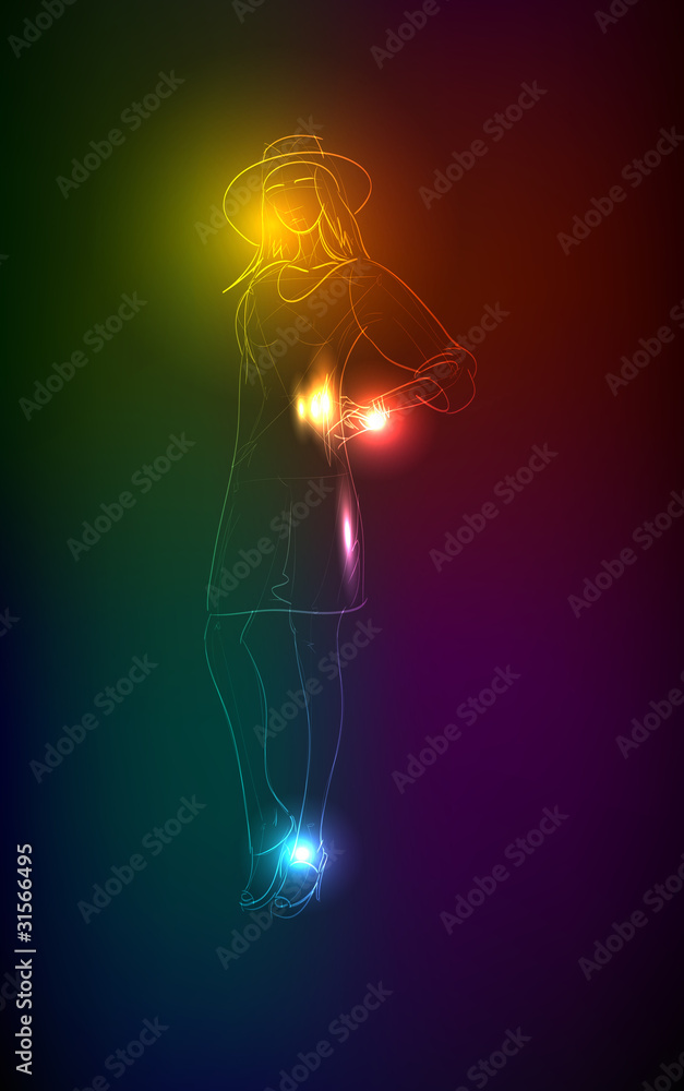 Hand-drawn fashion model from a neon. Vector illustration. A lig Hand-drawn fashion model from a neon. Vector illustration. A lig
