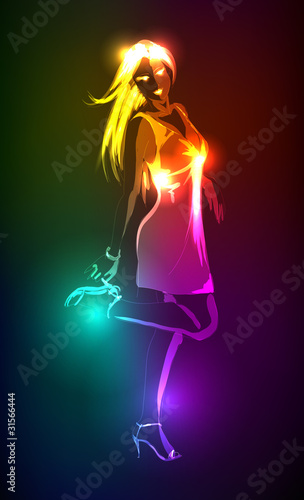 Hand-drawn fashion model from a neon. Vector illustration. A lig