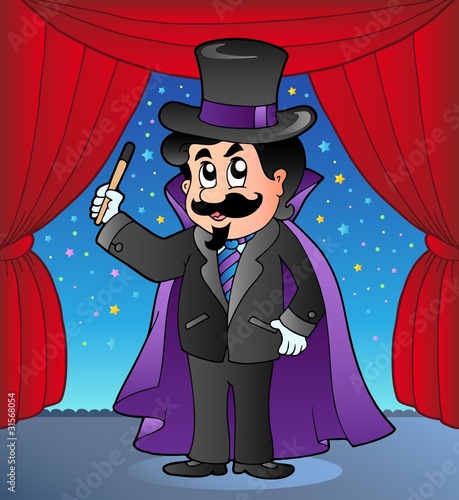 Cartoon magician on circus stage