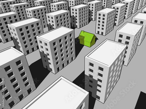 green „ecological“ house surrounded by many blocks of flats