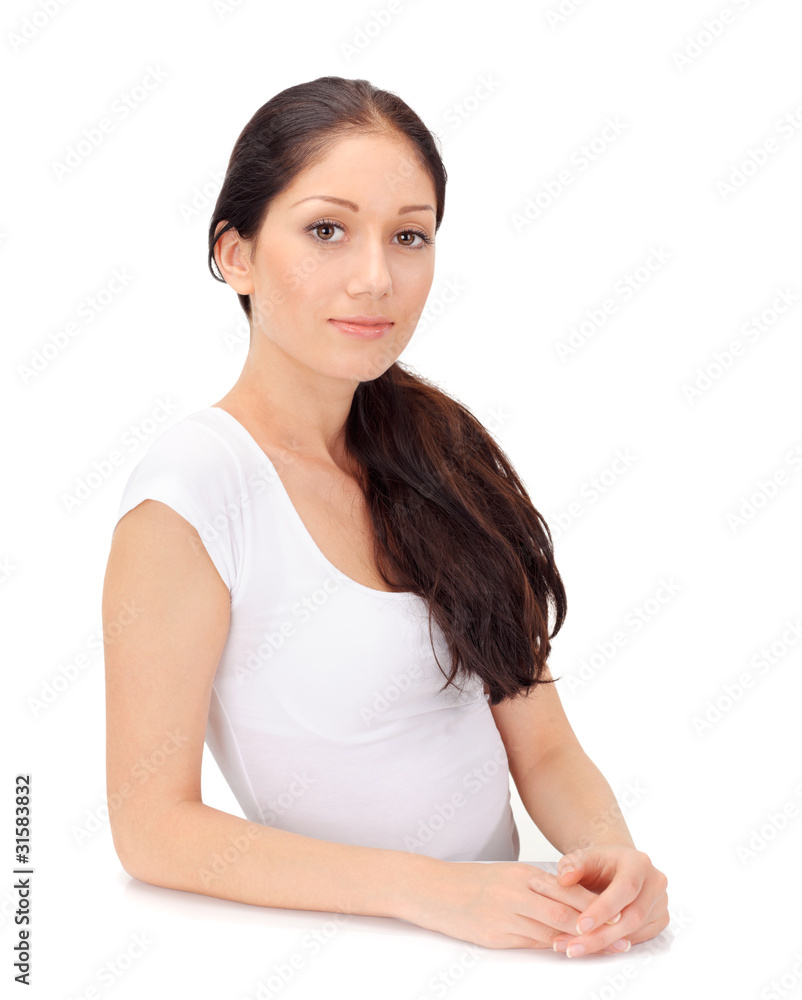 Young beautiful woman with big eyes sensitive looking at camera Young beautiful woman with big eyes sensitive looking at camera
