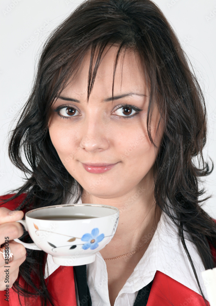 Beautiful brunette lady drinking bracing coffee Beautiful brunette lady drinking bracing coffee