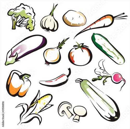 vegetables set of icons in black lines,  aquarelle collors