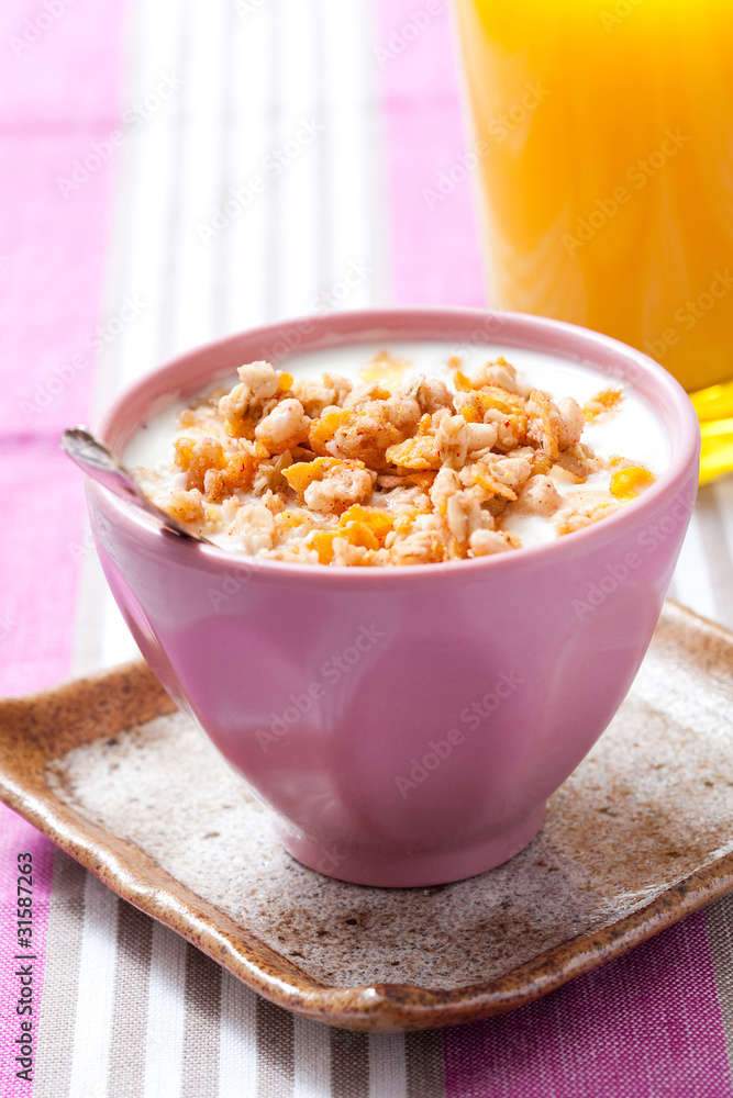 Breakfast with cereal with orange juice Breakfast with cereal with orange juice