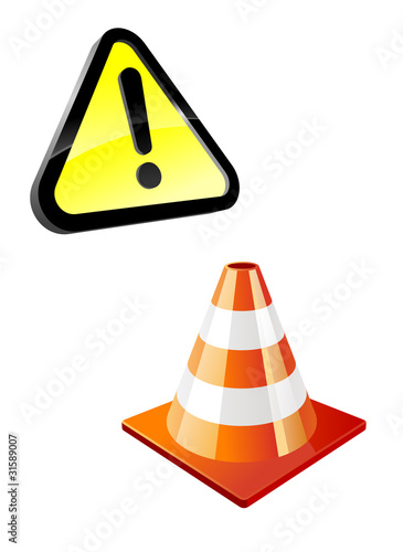 Warning sign and traffic cone