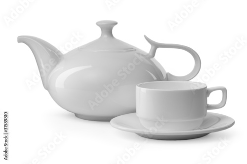 Cuadro en lienzo white teacup and teapot on white background