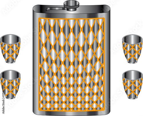 Hip flask and cups isolated on white background