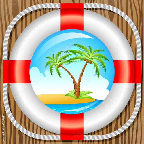 Rettungsring und Insel mit zwei Palmen
