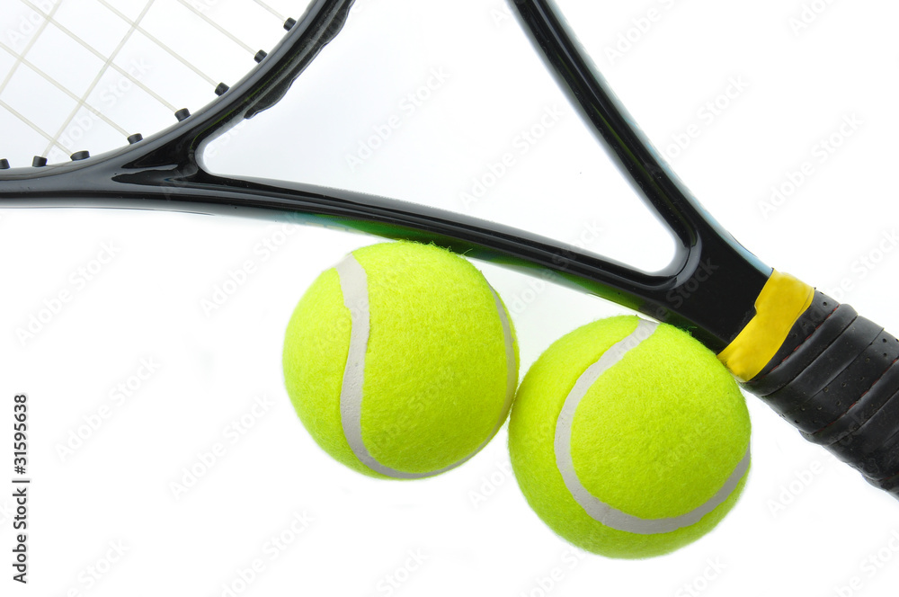 Two tennis ball on racket isolated on white background.